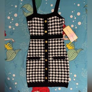 Chic Black and White Houndstooth Mini Dress